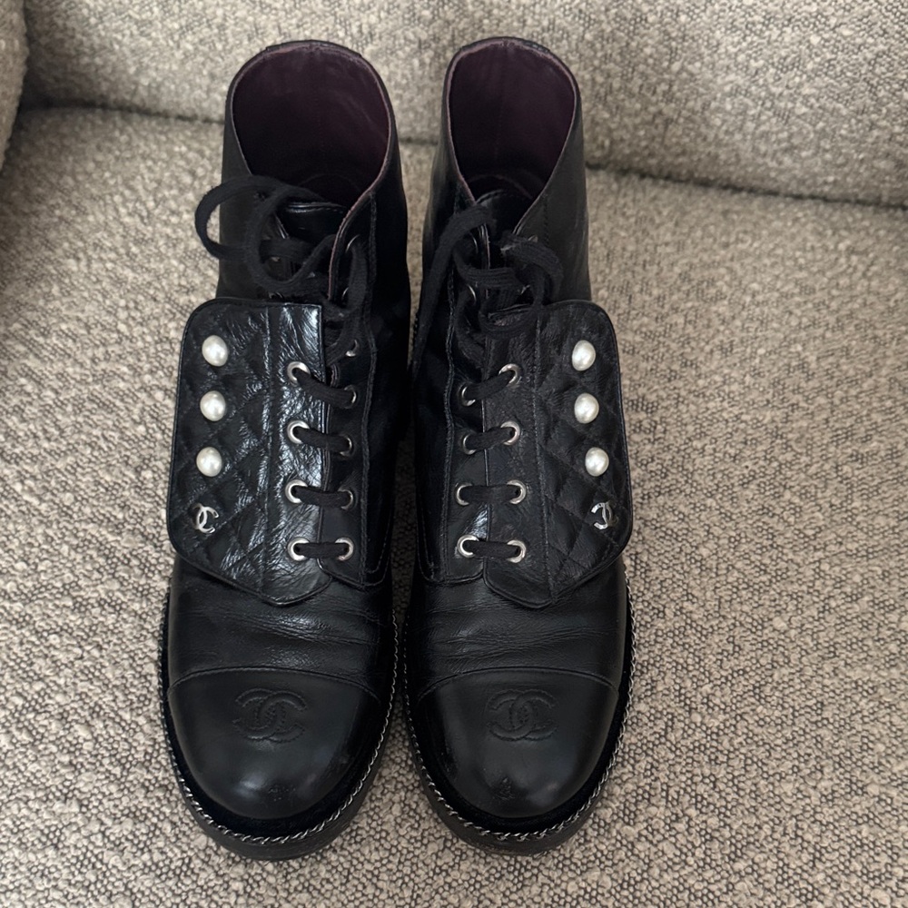 CHANEL Pearl Leather Combat Boots